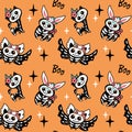 Skeletons of cute animals on orange background. Day of the dead or Halloween. Kids print. Royalty Free Stock Photo