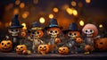 Skeletons in Halloween Costumes Among Pumpkins