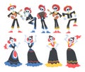 Skeletons in Mexican Traditional Costumes Dancing and Playing Music Instruments Set, Dia de Muertos, Day of the Dead Royalty Free Stock Photo