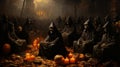 A skeletons wearing black robes and hoods sitting in a circle with candles