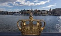 Skeppsholmsbron bridge with golden crown in Stockholm, Sweden