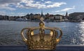 Skeppsholmsbron bridge with golden crown in Stockholm, Sweden