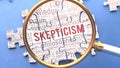 Skepticism and related ideas on a puzzle pieces. A metaphor showing complexity of Skepticism analyzed with a help of a magnifying Royalty Free Stock Photo