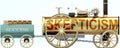 Skepticism and success - symbolized by a steam car pulling a success wagon loaded with gold bars to show that Skepticism is