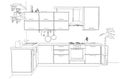 Sketch abstract contour drawing of 3d contemporary corner kitchen interior black and white Royalty Free Stock Photo