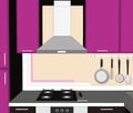 Sketch abstract drawing of lilac and brown cupboards, kitchen chimney extractor hood and appliances.