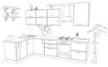 Sketch abstract outline drawing of modern corner kitchen interior black and white Royalty Free Stock Photo