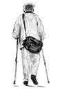 Sketch of active elderly man doing Nordic walking with sticks