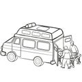 Sketch, ambulance car together with paramedics pick up a patient on a stretcher, coloring book, cartoon illustration, isolated Royalty Free Stock Photo