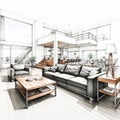 Sketch of an American modern style living room, a fusion of design and artistic expression