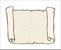 Sketch of ancient scroll, isolated on white with nautical compass on beige wavy background.