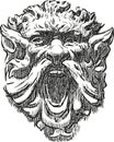 Sketch of an architectural detail in shape of angry monster human face on an ancient building