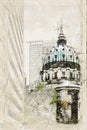 Notre-Dame Basilica of Montreal sketch with buildings surrounding it, MontrÃ©al