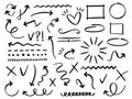 Sketch arrows and frames. Hand drawn arrow, doodle divider and circle, oval and square frame vector set. Collection of