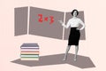 Sketch artwork banner creative collage of happy academic teacher girl stand classroom board math subject count example Royalty Free Stock Photo
