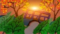 Sketch Of Autumn, Landscape Nature. A Small, Bridge And Water, With Colorful Tree And Leaves, On Sunrise Background.