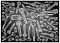 Sketch Background of Screws and Nuts on Chalkboard Royalty Free Stock Photo