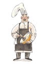 Sketch of a baker stirring dough for fresh pasty. cartoon hand drawn illustration