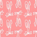 A pattern of a pair of ballet flats on a ribbon with a white line on a pink background. Seamless pattern of children`s pointe