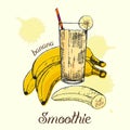 Sketch of banana smoothie in glass. Graphic design. Vector illustration.