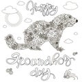 Sketch of banner Happy Groundhog day, floral groundhog, anti stress coloring bock