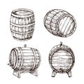 Sketch barrels. Whiskey oak casks. Wooden wine barrel in vintage engraving style. Bar, pub and brewery vector sign