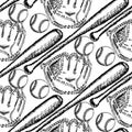 Sketch baseball ball, bat and glove, seamless pattern