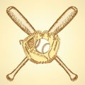 Sketch baseball ball, glove and bat Royalty Free Stock Photo