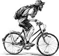 Sketch of bearded tourist in hat and sunglasses traveling a bicycle