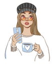 A sketch of a beautiful hipster girl in glasses with a phone and a cup. Modern fashionable woman talking on the phone