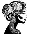 Sketch of beautiful woman silhouette with art hairstyle black and white design. Royalty Free Stock Photo