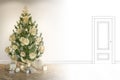 The sketch becomes a real beige room with a door, a Christmas tree with gifts on the parquet floor. Christmas tree decorated with