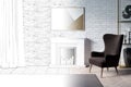 The sketch becomes a real bright interior with curtain, parquet flooring, a horizontal poster on a brick wall above a fireplace