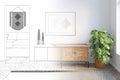 The sketch becomes a real bright modern hall with a horizontal poster above the wooden dresser, next to a potted plant.