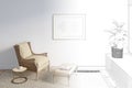 The sketch becomes a real bright room with a horizontal poster on the wall above the rattan chair with a footrest