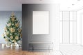 The sketch becomes a real entrance hallway with a vertical mockup poster in a metal frame over a gray pouf. Christmas tree with gi