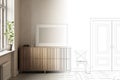 The sketch becomes a real interior of a bright room with a blank horizontal poster on a wooden commode.
