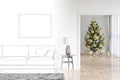 The sketch becomes a real living room interior with parquet floor, shaggy carpet, horizontal poster, the reading lamp next to a