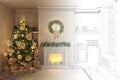 The sketch becomes a real New Year`s interior with gifts under an elegant Christmas tree, a burning fire in the fireplace, an armc