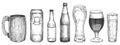 Sketch beer. Beer glasses, mugs and bottles with beer, object for web, poster and invitation party or pub menu vintage