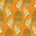 Sketch bird and cage seamless pattern