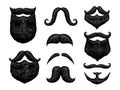 Sketch black mustache and beard. Hand drawn retro gentleman barber styles, engraved vintage vector illustration set.