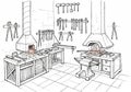 Sketch of a blacksmith workshop with two furnaces and an array of tools. Hammers, Royalty Free Stock Photo