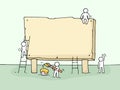 Sketch of blank board with working little people. Royalty Free Stock Photo