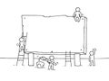 Sketch of blank board with working little people. Royalty Free Stock Photo