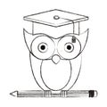 Sketch blurred silhouette owl knowledge with cap graduation on pencil