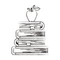 Sketch blurred silhouette of stack of books with apple fruit