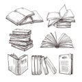 Sketch books. Ink drawing vintage open book and books pile. School education and library doodle vector symbols