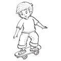 Sketch, a boy carefully rides a skateboard, coloring book, cartoon illustration, isolated object on a white background, vector Royalty Free Stock Photo