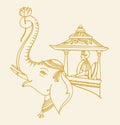 Sketch of Bridegroom sitting above the decorated Elephant Editable Outline Illustration. King above the Elephant during Jamboo